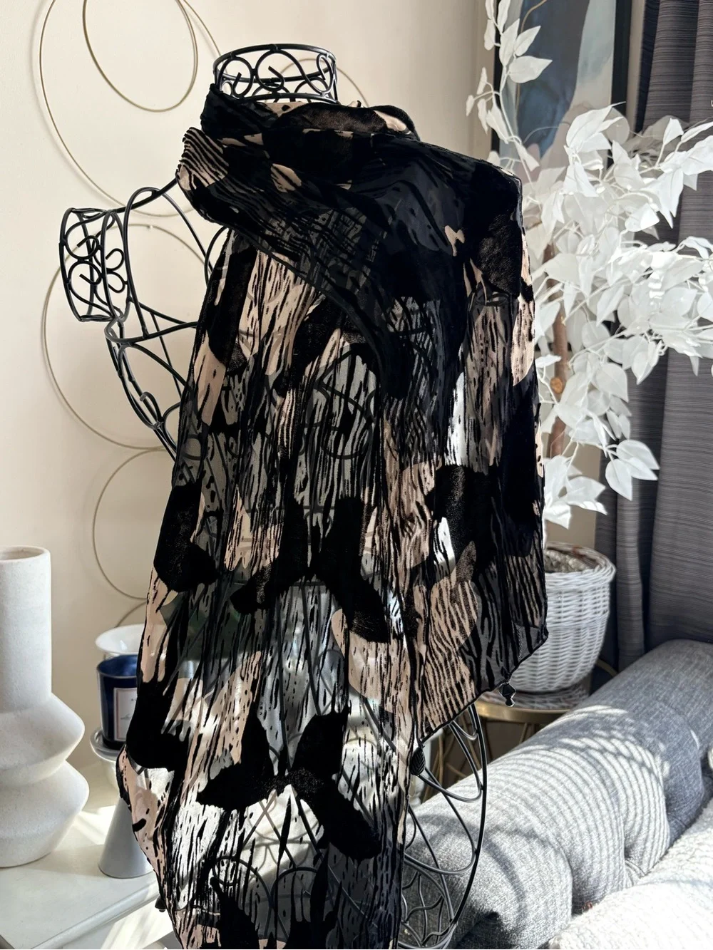 Black Beige Sheer Beaded Burnout Scarf 13 x 60